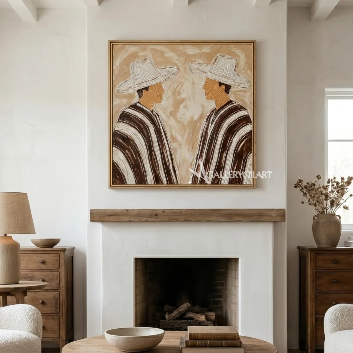 Portrait-art-painting-of-two-hatted-figures-facing-each-other-in-striped-coats-against-beige-and-brown-above-a-fireplace
