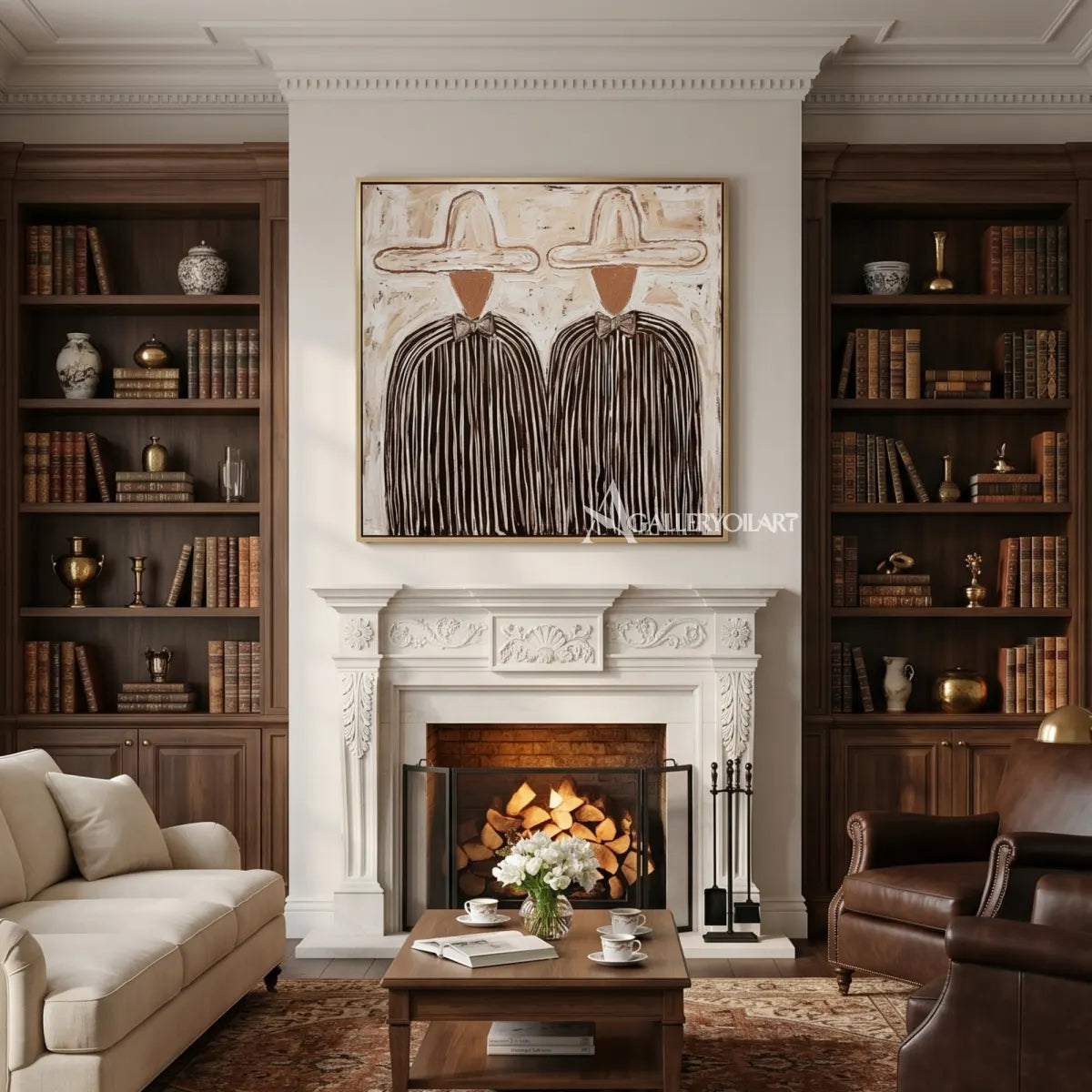 Portrait-art-painting-of-two-hatted-figures-in-dark-striped-coats-against-a-textured-beige-ground-in-a-library