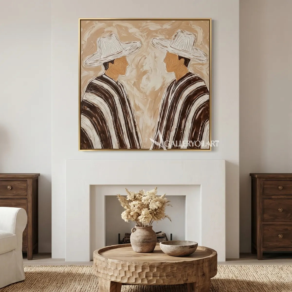 Portrait-art-painting-of-two-hatted-figures-facing-each-other-in-striped-coats-against-beige-and-brown-above-a-fireplace