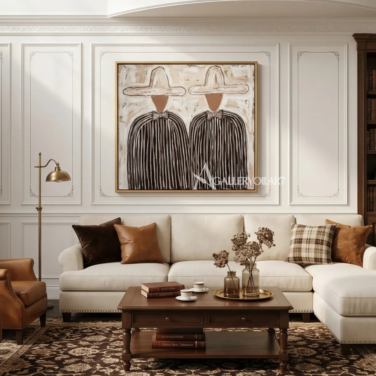 Portrait-art-painting-of-two-hatted-figures-in-dark-striped-coats-against-a-textured-beige-ground-in-a-living-room