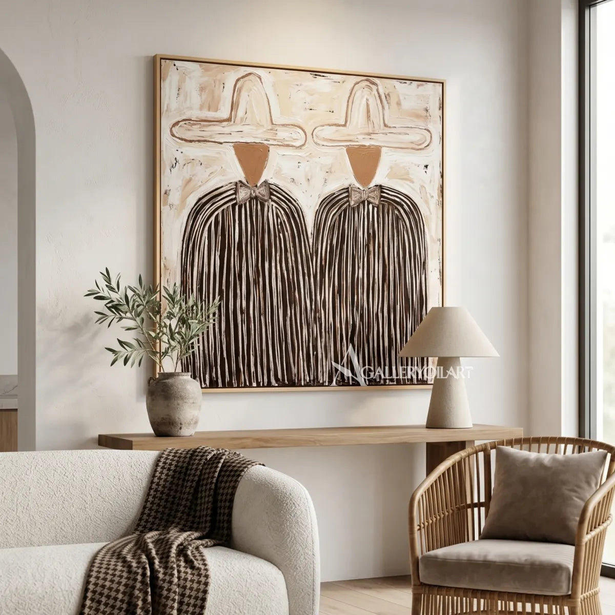 Portrait-art-painting-of-two-hatted-figures-in-dark-striped-coats-against-a-textured-beige-ground-by-a-seating-area