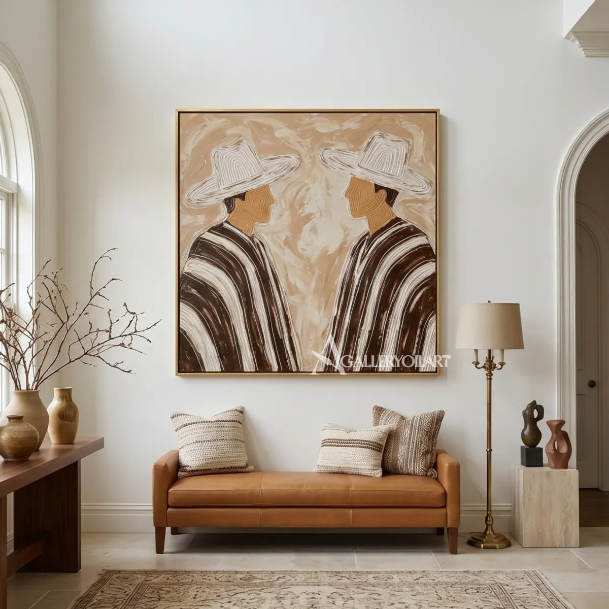Portrait-art-painting-of-two-hatted-figures-facing-each-other-in-striped-coats-against-beige-and-brown-by-a-seating-area