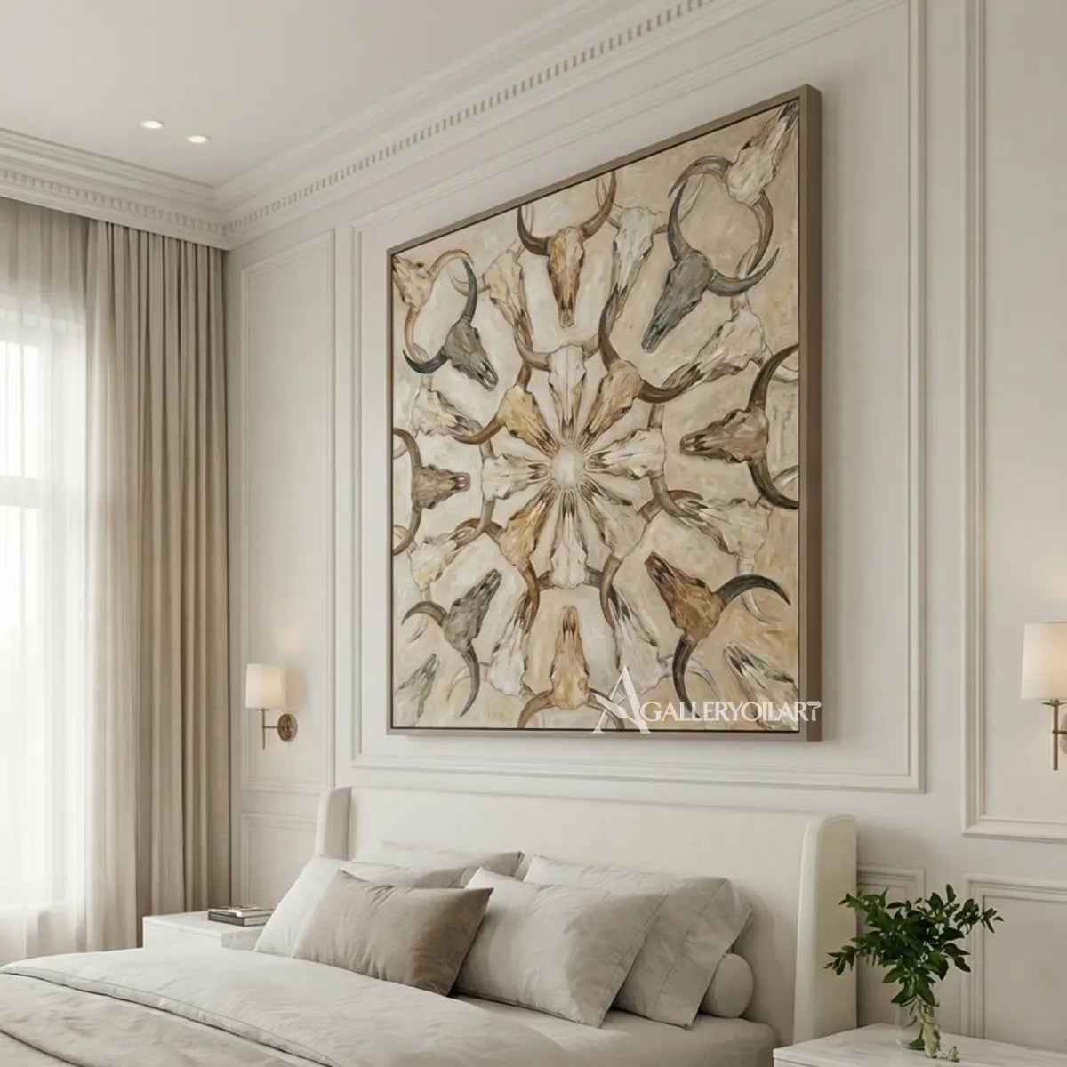abstract-art-painting-of-symmetrical-horned-skulls-in-soft-beige-brown-and-gray-in-a-bedroom