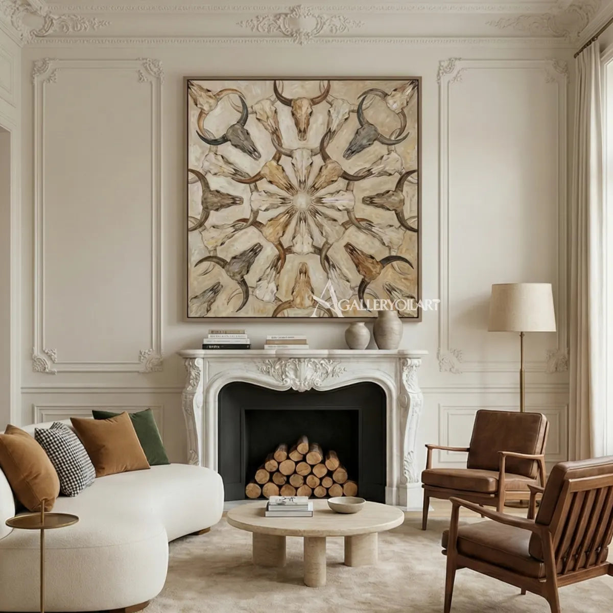 abstract-art-painting-of-symmetrical-horned-skulls-in-soft-beige-brown-and-gray-in-a-formal-living-room