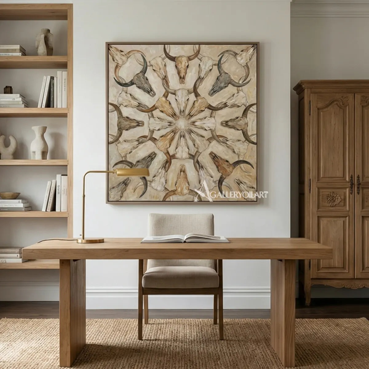 abstract-art-painting-of-symmetrical-horned-skulls-in-soft-beige-brown-and-gray-in-a-home-office