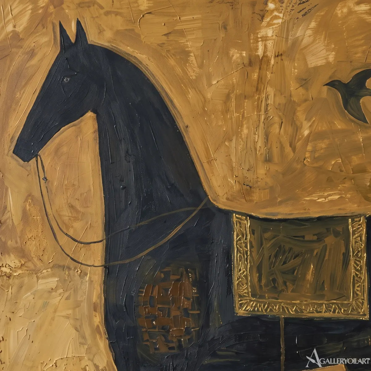 horse among quiet birds-animal-art-gold-wall-art-in-close-up-detail