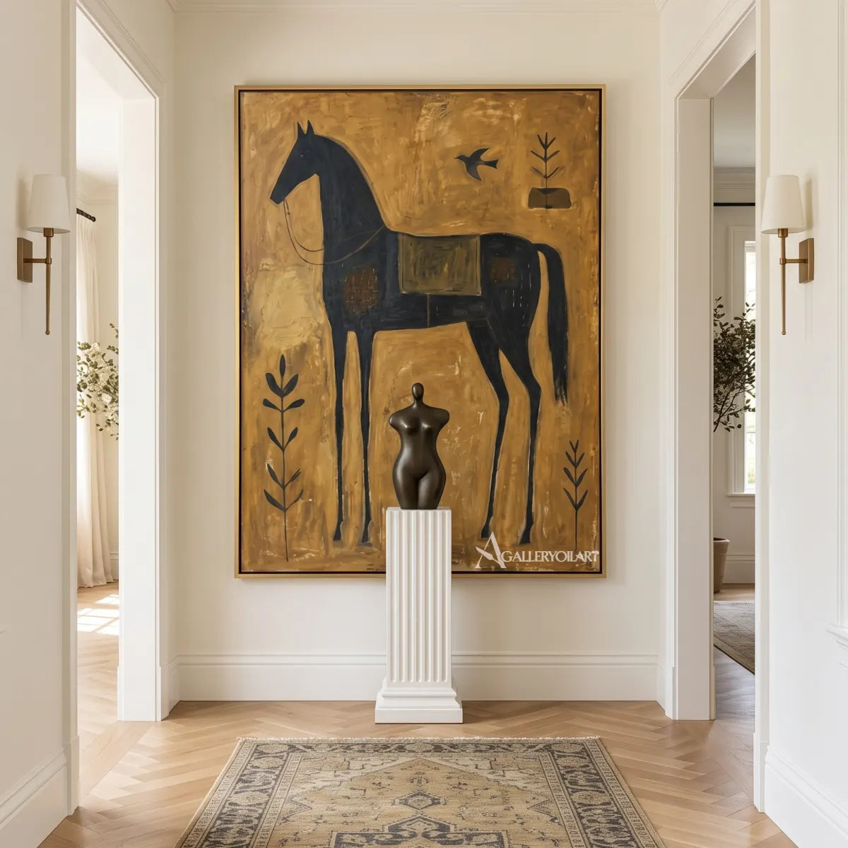 horse among quiet birds-animal-art-gold-wall-art-in-modern-hallway