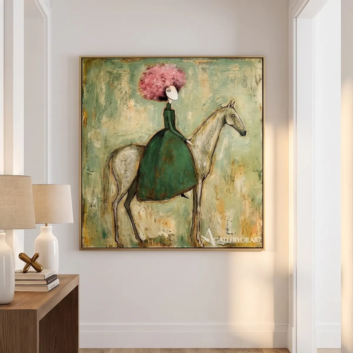 horse-and-seated-rider-with-pink-blossoms-western-cowboy-art-green-and-pink-wall-art-above-a-console