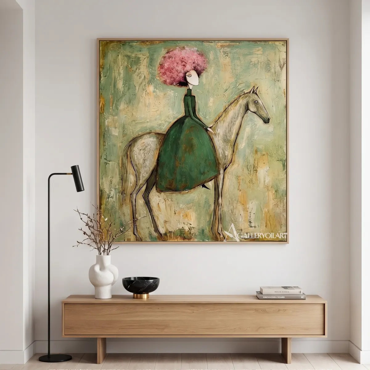 horse-and-seated-rider-with-pink-blossoms-western-cowboy-art-green-and-pink-wall-art-in-a-bright-entryway