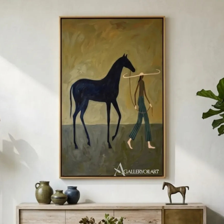Western-cowboy-art-of-a-dark-horse-and-rider-with-a-looping-lasso-against-an-olive-green-ground-above-a-living-room-console