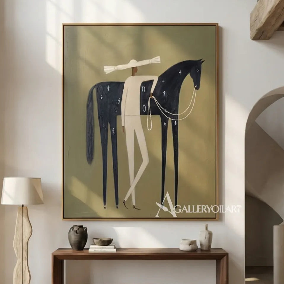 a rider leading a dark horse beneath a broad hat in green and ivory western cowboy art wall art in a entryway setting