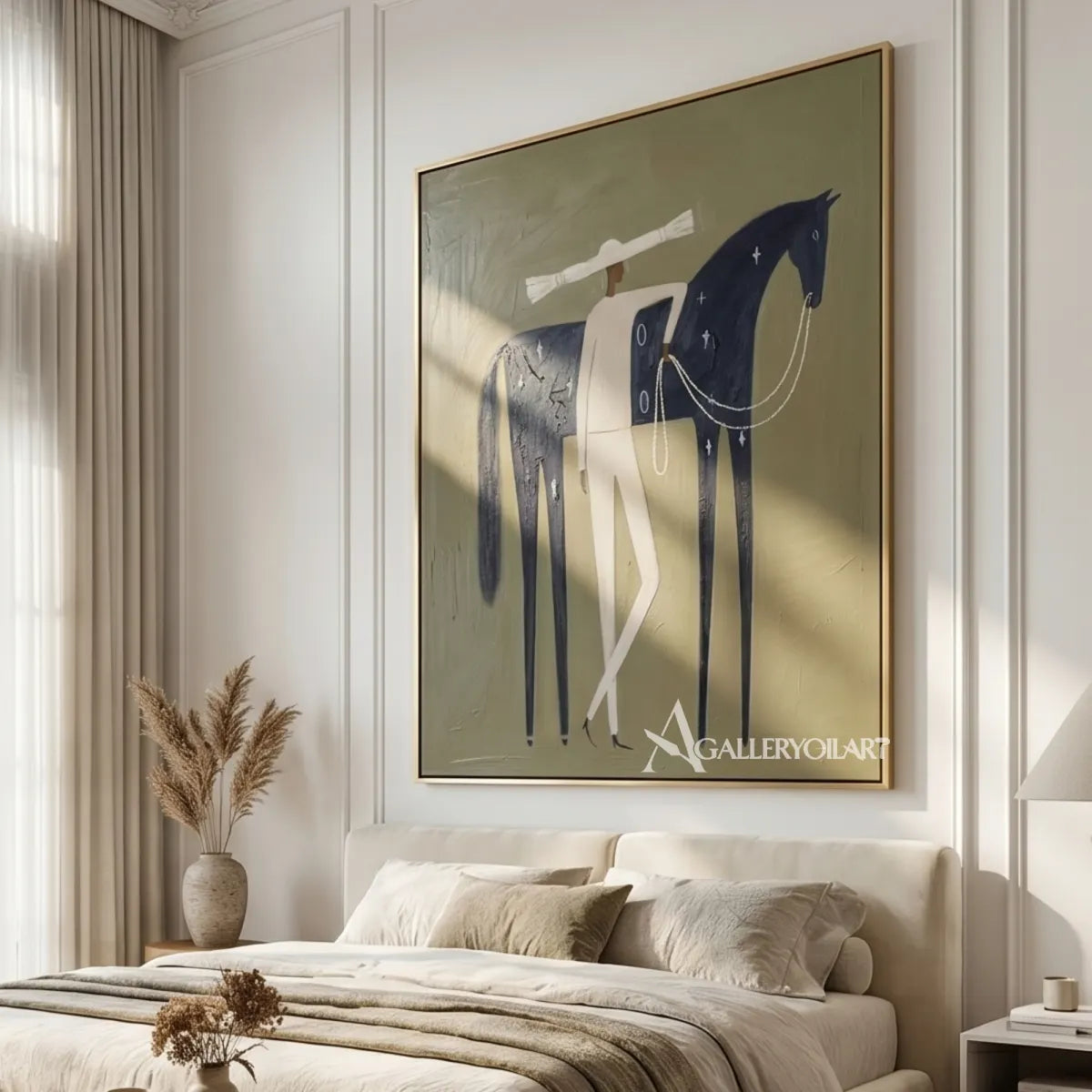 a rider leading a dark horse beneath a broad hat in green and ivory western cowboy art wall art in a hallway setting