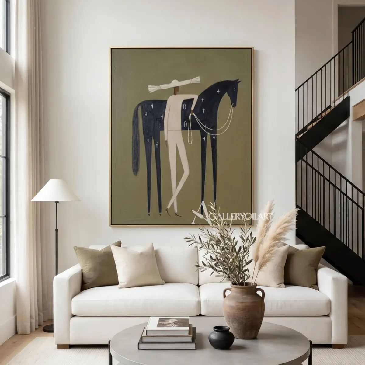 a rider leading a dark horse beneath a broad hat in green and ivory western cowboy art wall art in a modern interior setting