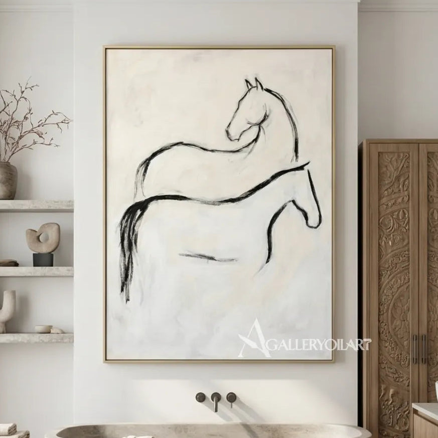 Line-drawn-horse-animal-art-in-beige-above-a-freestanding-bathtub