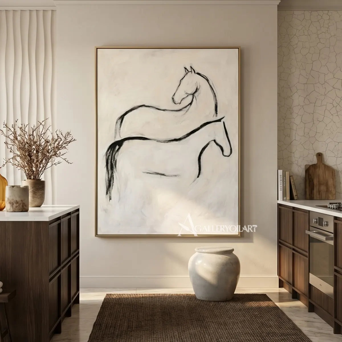 Line-drawn-horse-animal-art-in-beige-in-a-warm-kitchen