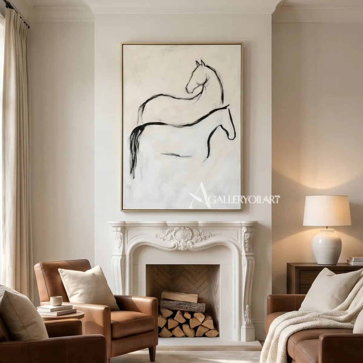 Line-drawn-horse-animal-art-in-beige-above-a-classic-fireplace-lounge