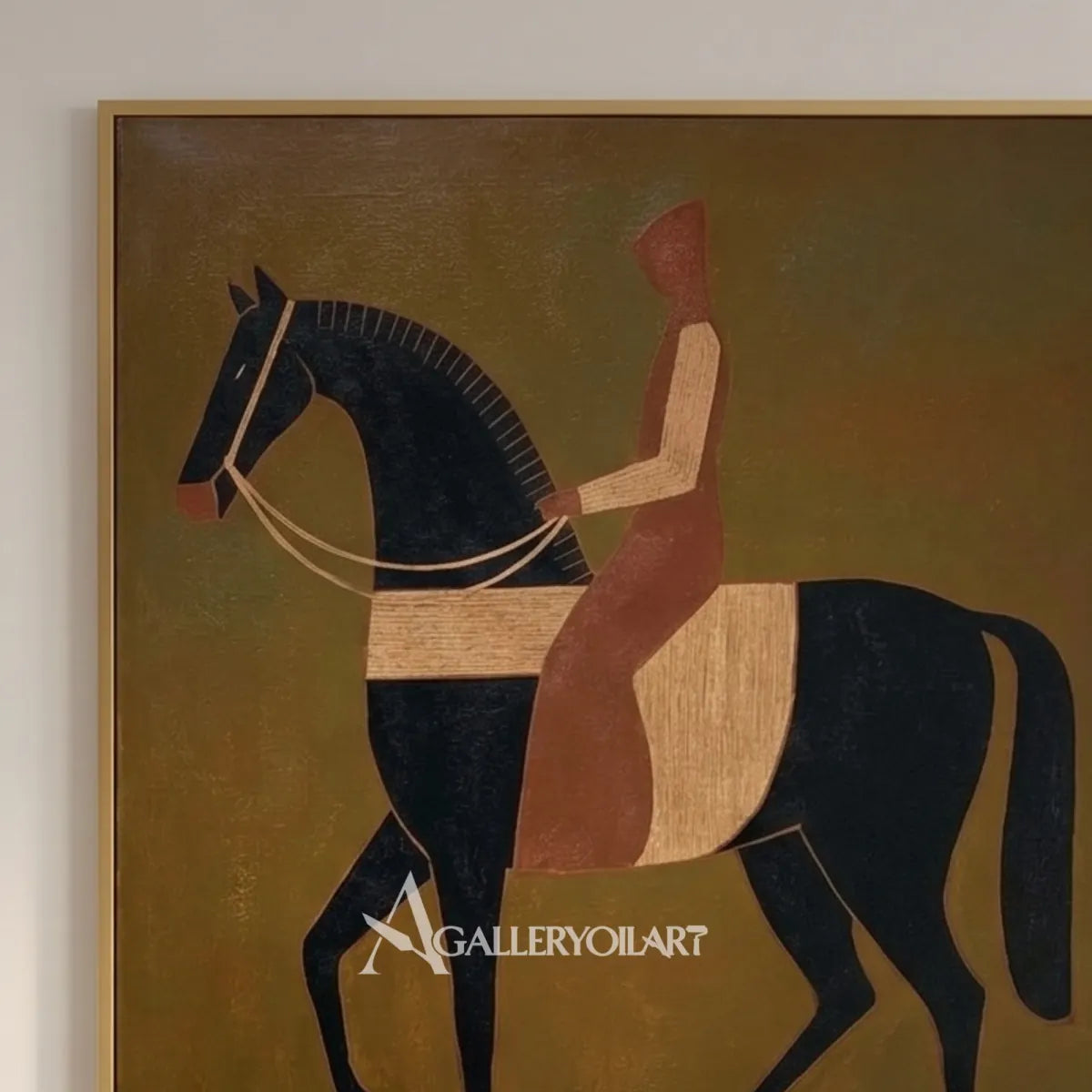 Stylized horse and rider in brown and black western cowboy wall art above a freestanding bath