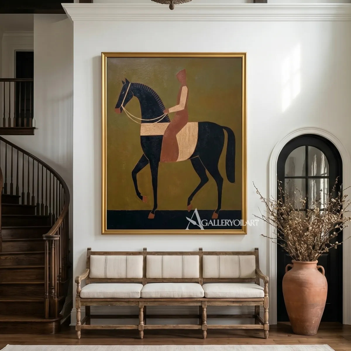 Stylized horse and rider in brown and black western cowboy wall art in a bedroom