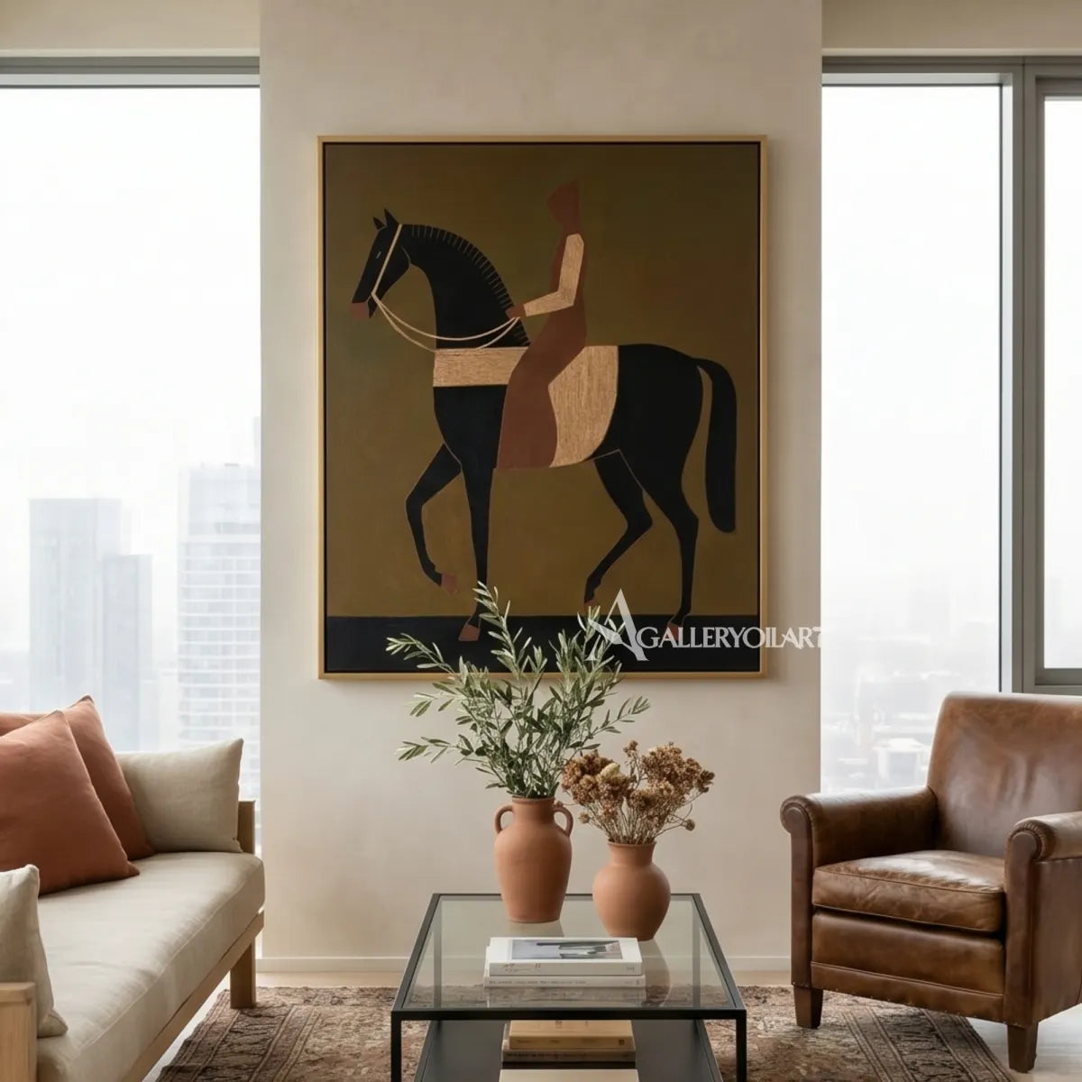 Stylized horse and rider in brown and black western cowboy wall art in a living room