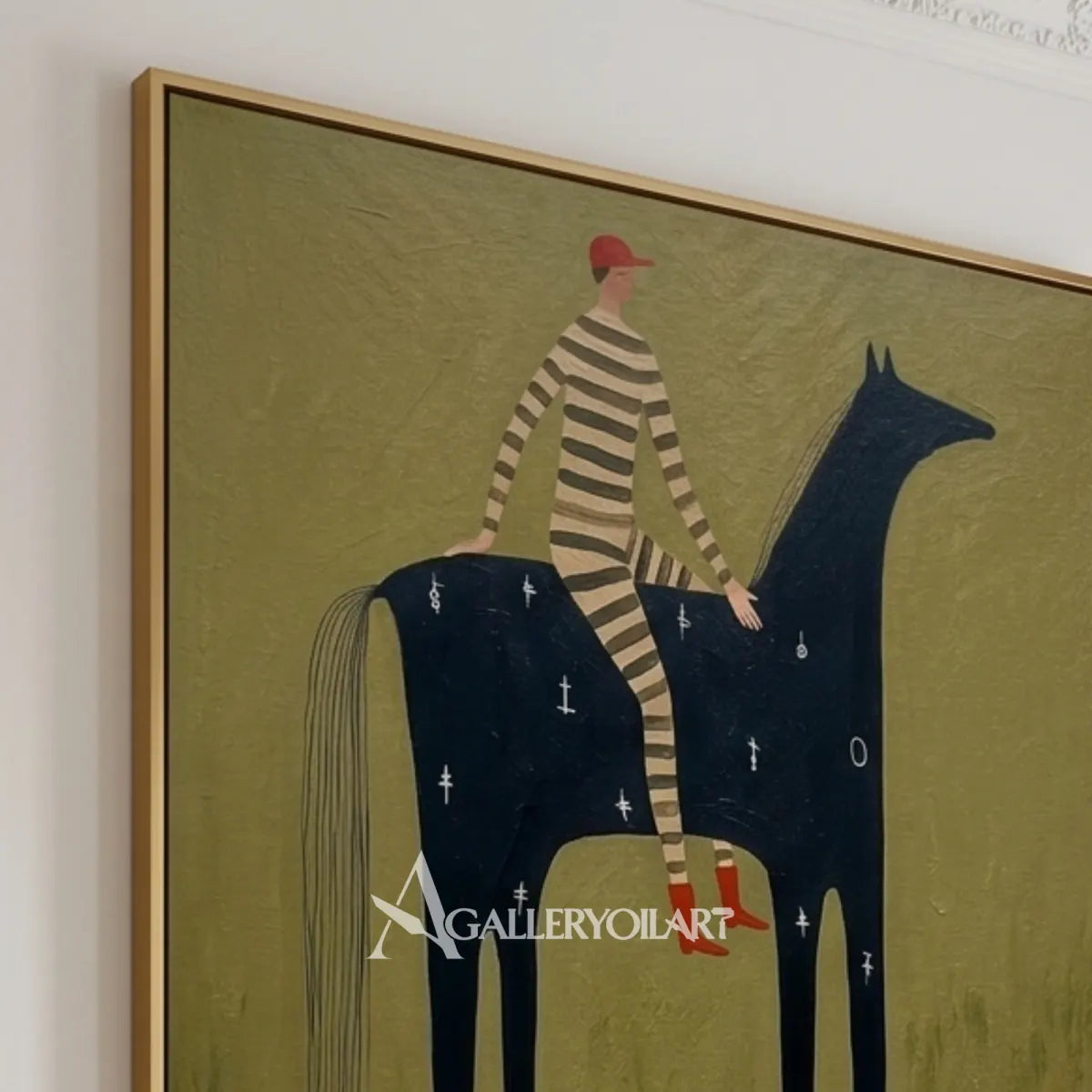 western-cowboy-art-close-up-of-a-striped-rider-seated-on-a-black-horse-against-olive-green