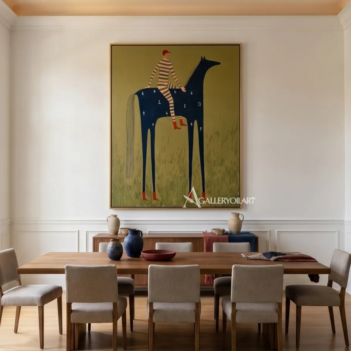 western-cowboy-art-painting-of-a-striped-rider-on-a-tall-black-horse-against-an-olive-green-field-in-a-dining-area