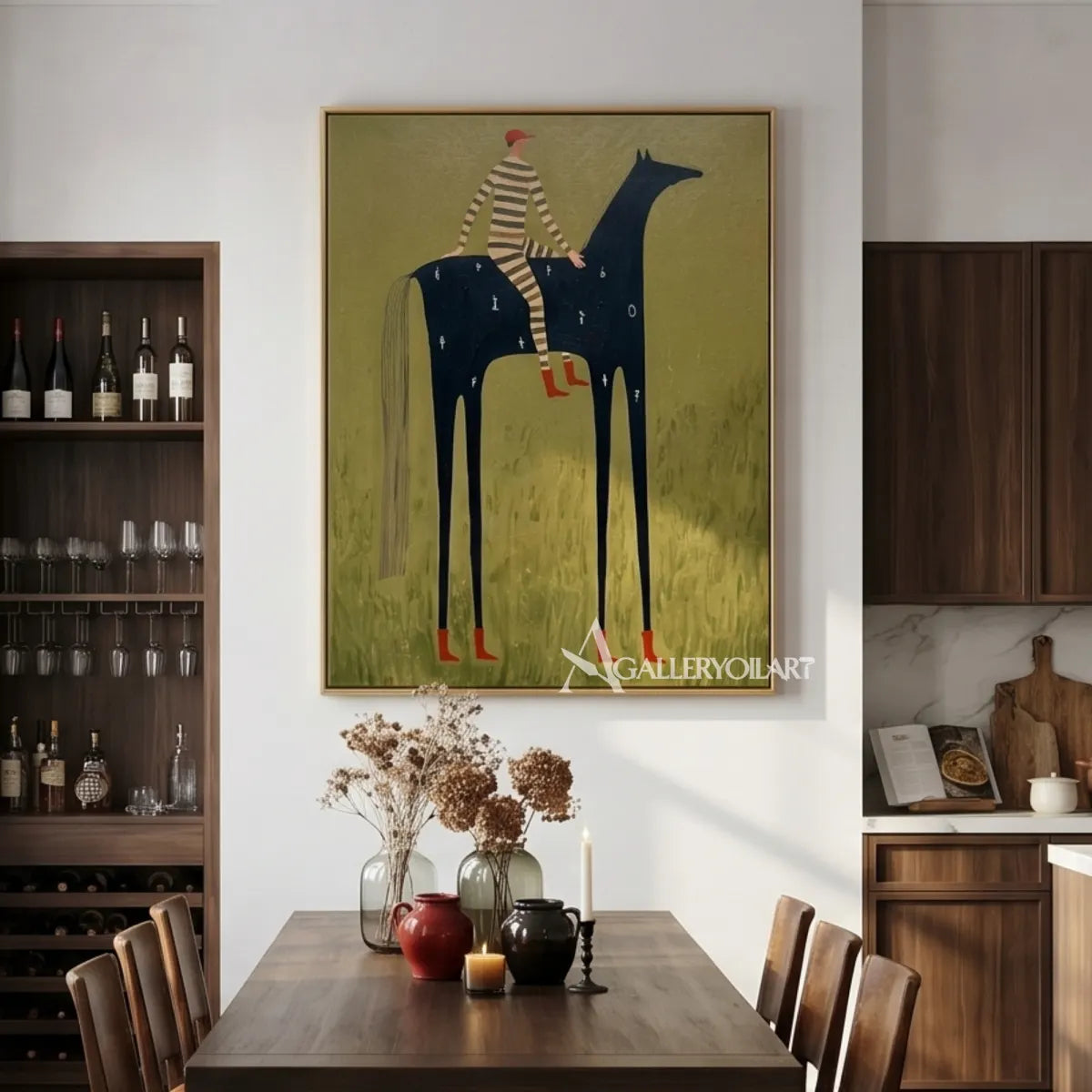 western-cowboy-art-painting-of-a-striped-rider-on-a-tall-black-horse-against-an-olive-green-field-in-a-dining-room