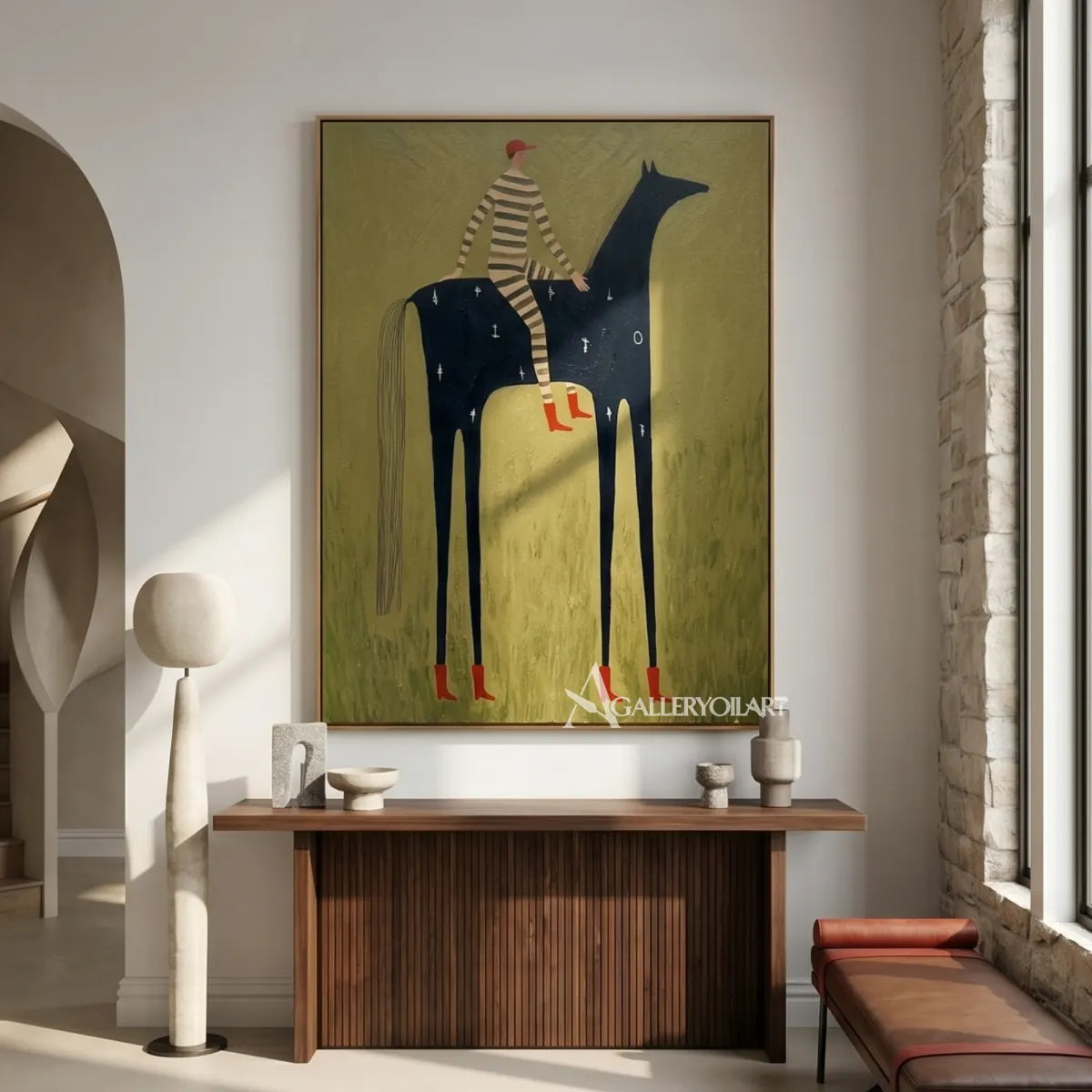western-cowboy-art-painting-of-a-striped-rider-on-a-tall-black-horse-against-an-olive-green-field-in-an-entry-hall