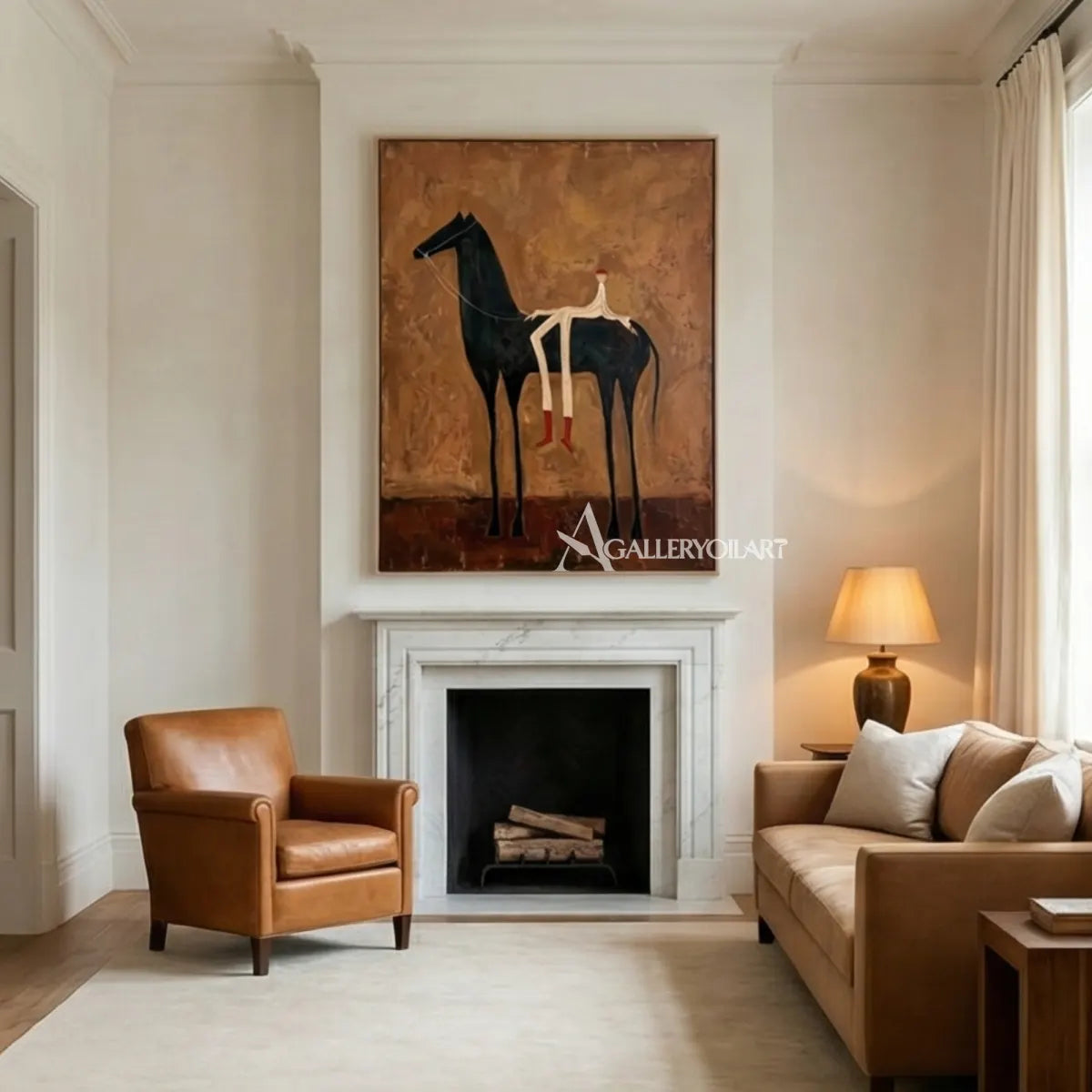western-cowboy-art-painting-of-a-tall-black-horse-with-a-small-rider-against-a-rust-brown-field-above-a-fireplace