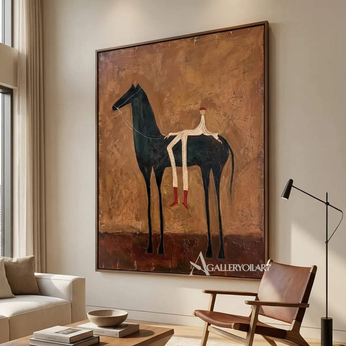 western-cowboy-art-painting-of-a-tall-black-horse-with-a-small-rider-against-a-rust-brown-field-in-a-reading-lounge