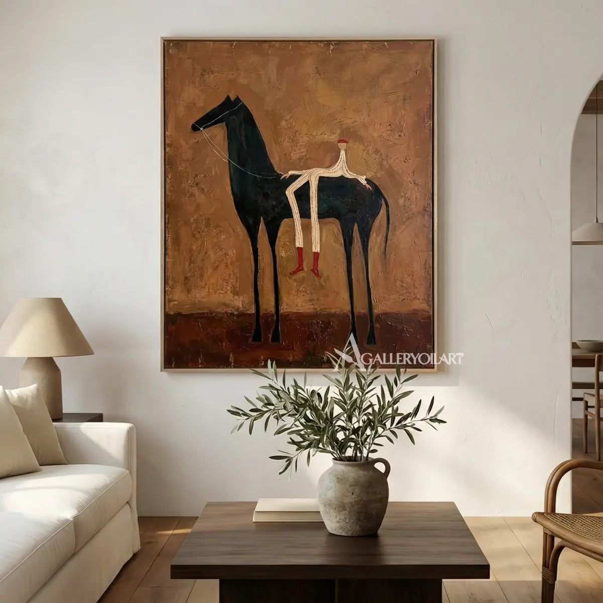western-cowboy-art-painting-of-a-tall-black-horse-with-a-small-rider-against-a-rust-brown-field-in-a-sitting-room
