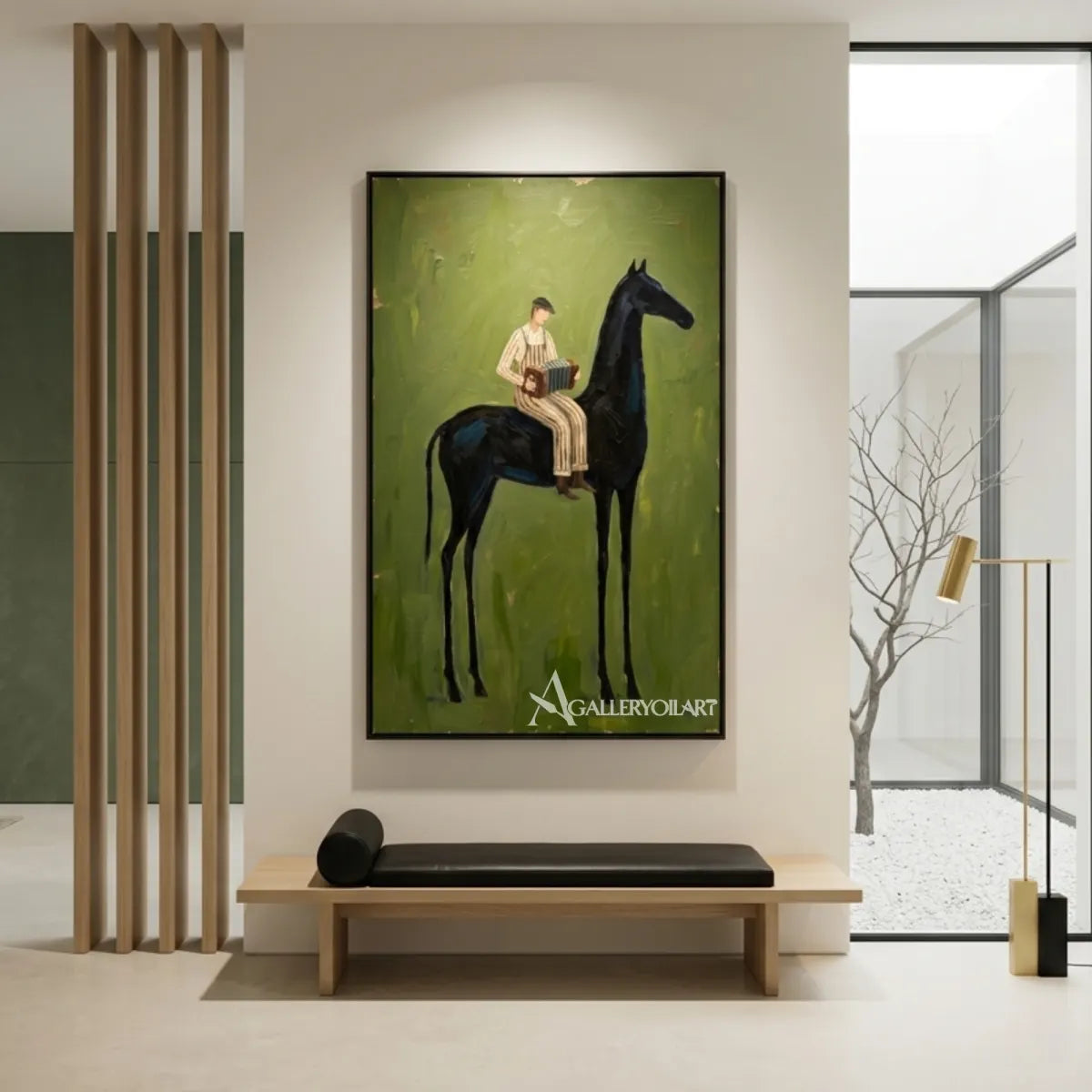 western-cowboy-art-painting-of-a-seated-accordion-player-on-a-black-horse-against-a-green-field-in-an-entryway