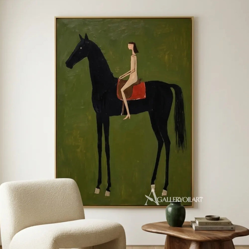 western-cowboy-art-painting-of-a-woman-riding-a-black-horse-with-a-red-saddle-against-a-green-field-in-a-gallery-lounge