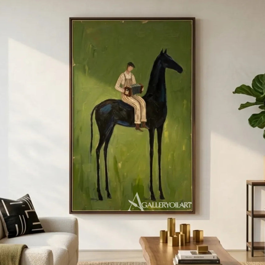 western-cowboy-art-painting-of-a-seated-accordion-player-on-a-black-horse-against-a-green-field-in-a-living-room