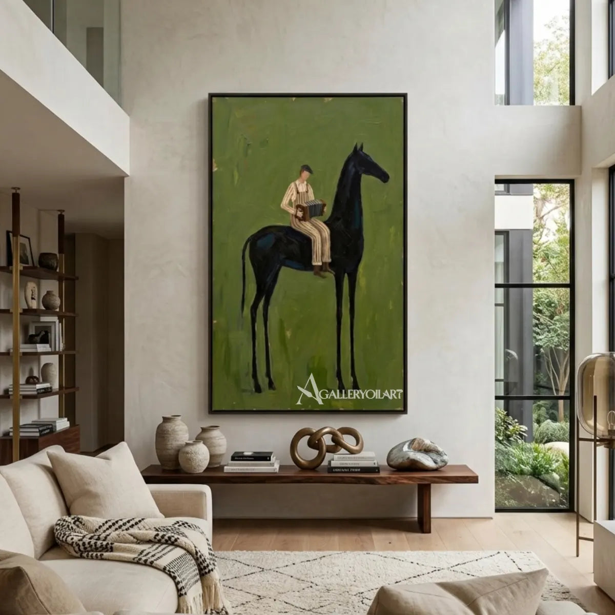 western-cowboy-art-painting-of-a-seated-accordion-player-on-a-black-horse-against-a-green-field-in-an-open-plan-living-room