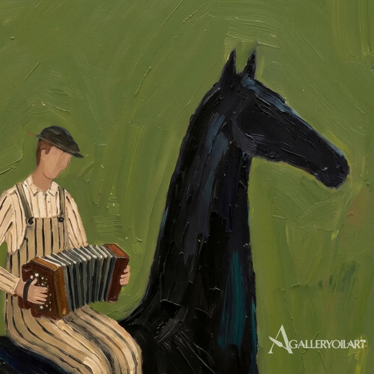 western-cowboy-art-close-up-of-a-seated-accordion-player-on-a-black-horse-against-green