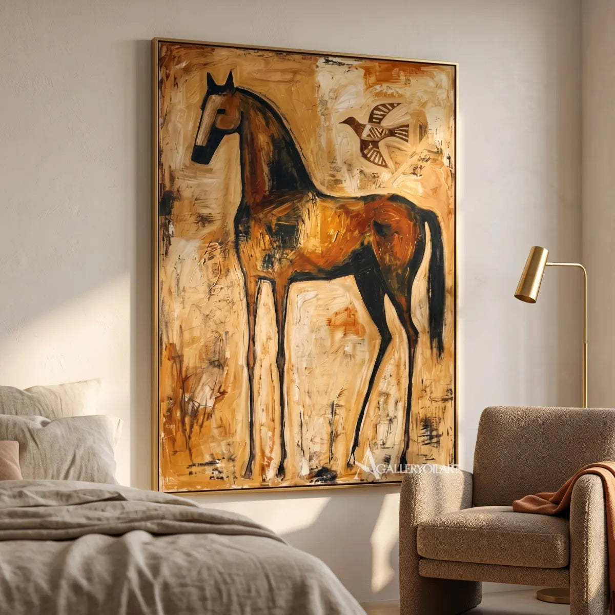 horse with soaring bird-animal-art-brown-wall-art-in-bedroom-reading-nook