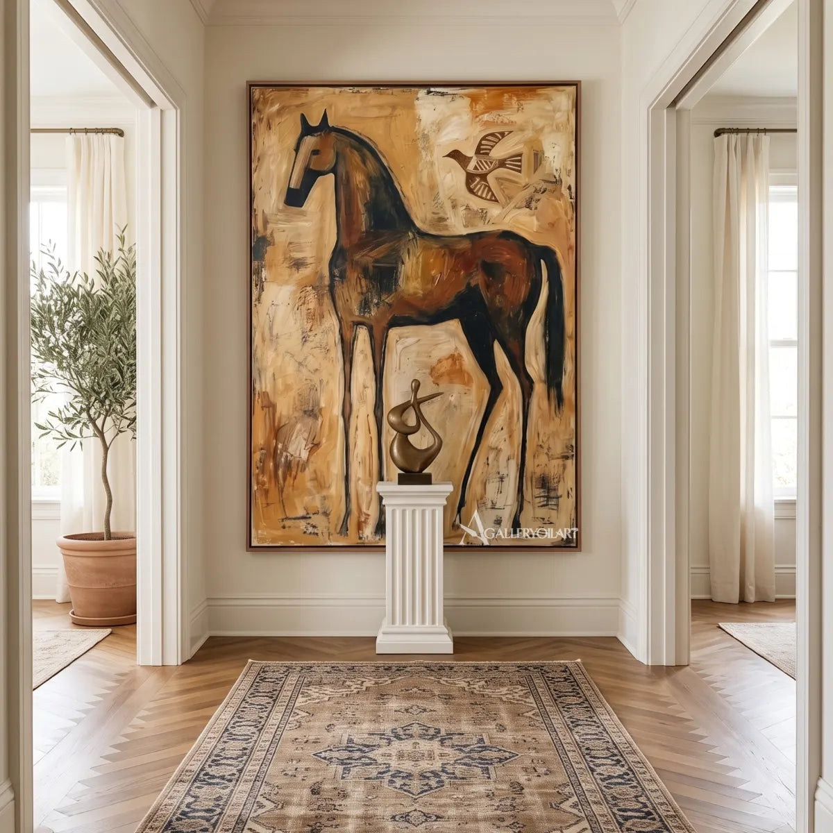 horse with soaring bird-animal-art-brown-wall-art-in-hallway