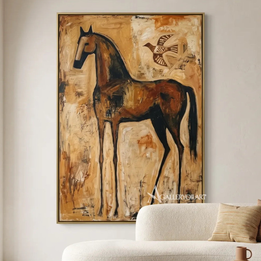horse with soaring bird-animal-art-brown-wall-art-in-minimalist-living-room