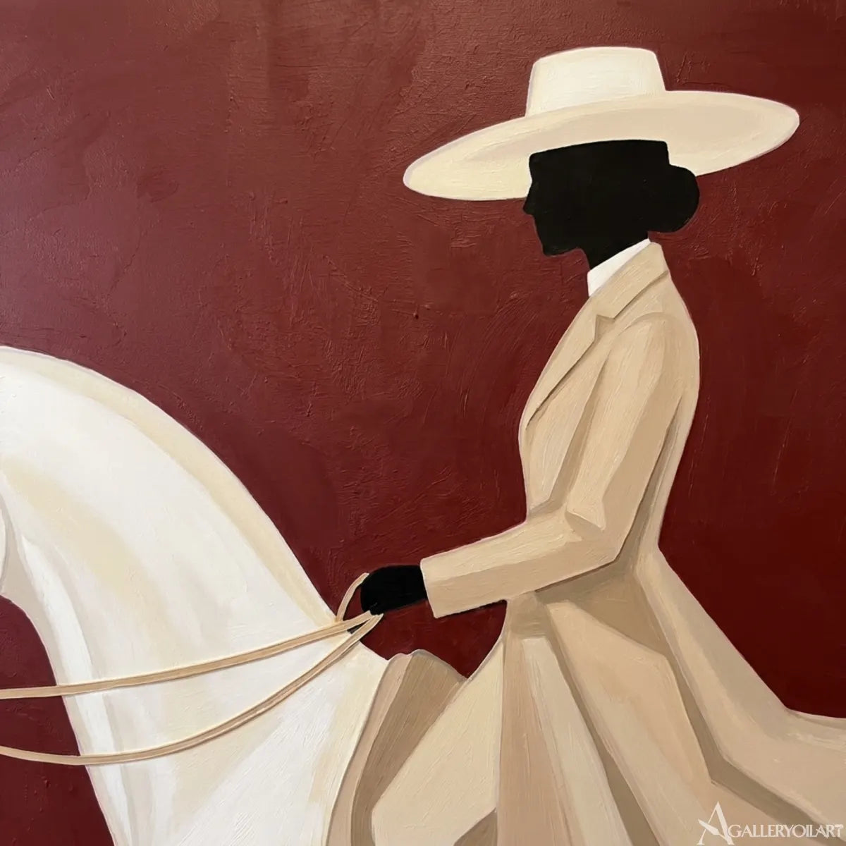 Western-Cowboy-horseback-poise-with-a-woman-on-a-white-horse-against-red-in-a-minimalist-living-room
