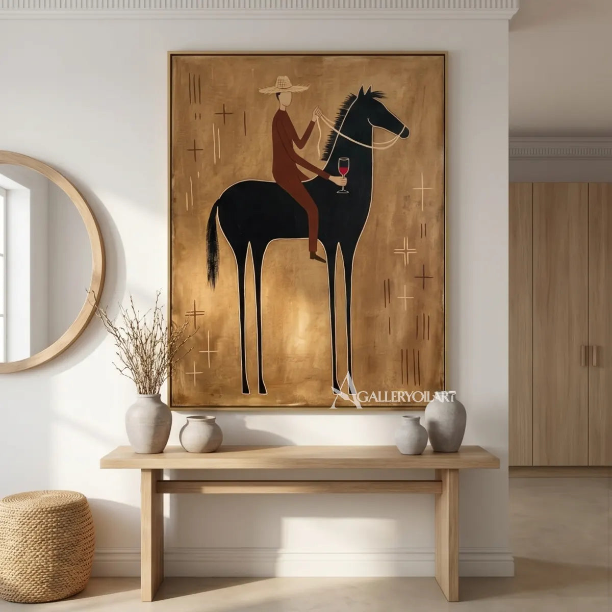 western-cowboy-art-painting-of-a-hat-wearing-rider-raising-a-glass-on-a-black-horse-against-an-ochre-field-above-an-entry-console