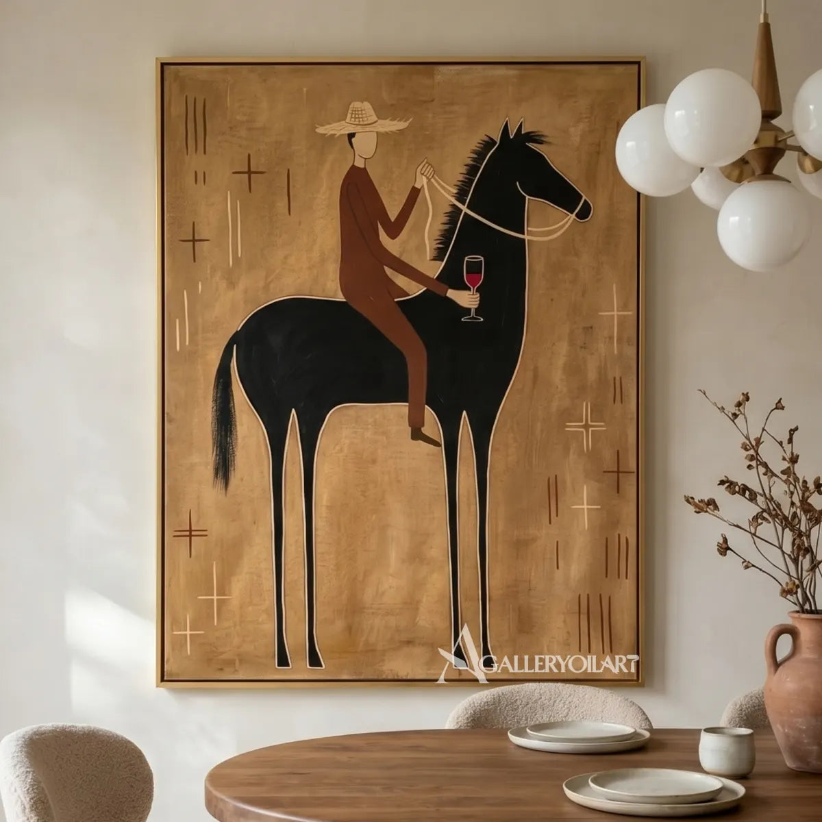 western-cowboy-art-painting-of-a-hat-wearing-rider-raising-a-glass-on-a-black-horse-against-an-ochre-field-in-a-living-room