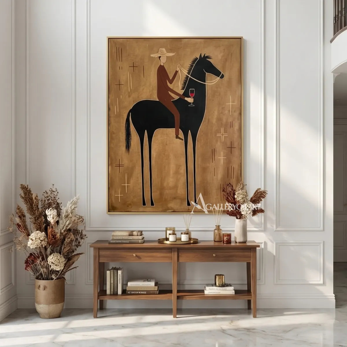 western-cowboy-art-painting-of-a-hat-wearing-rider-raising-a-glass-on-a-black-horse-against-an-ochre-field-in-a-sunlit-hallway