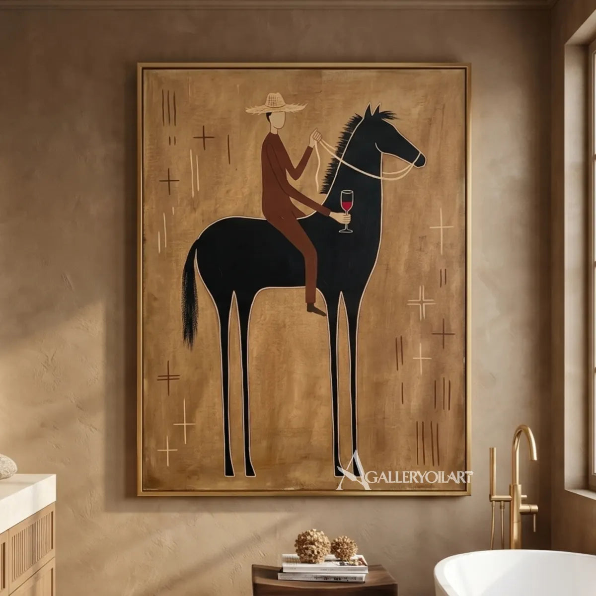 western-cowboy-art-painting-of-a-hat-wearing-rider-raising-a-glass-on-a-black-horse-against-an-ochre-field-in-a-warm-bathroom