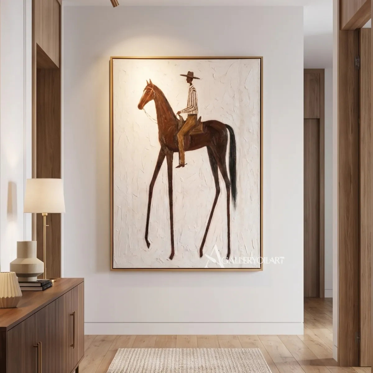 Western Cowboy rider on a brown horse in a textured white relief painting-in-corridor
