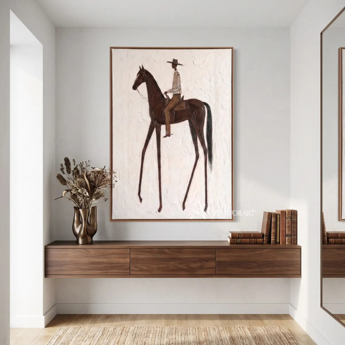 Western Cowboy rider on a brown horse in a textured white relief painting-in-entryway
