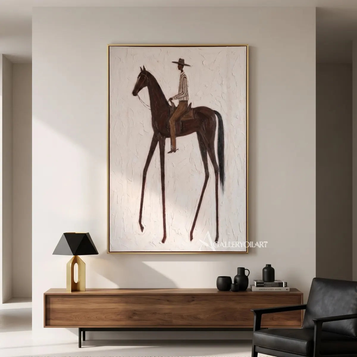 Western Cowboy rider on a brown horse in a textured white relief painting-in-minimalist-interior