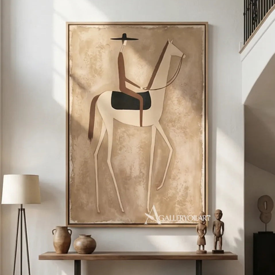 western-cowboy-art-minimalist-painting-of-a-geometric-rider-on-a-white-horse-against-a-beige-ground-in-an-arched-entryway