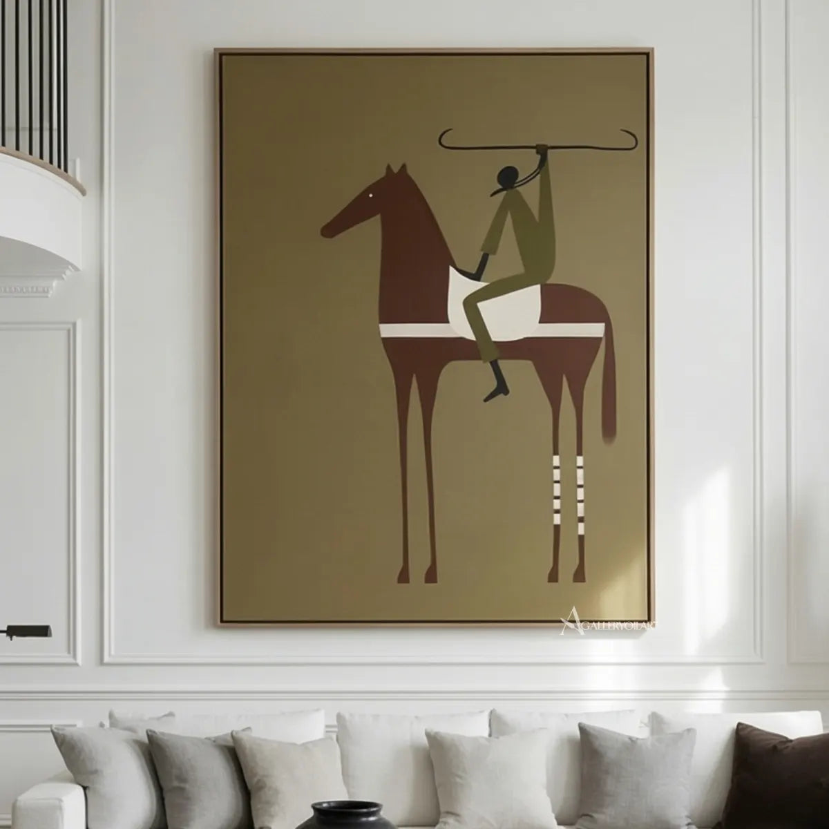 western-cowboy-art-painting-of-a-rider-in-green-guiding-a-brown-horse-with-a-raised-lasso-against-a-beige-ground-in-a-bright-living-room