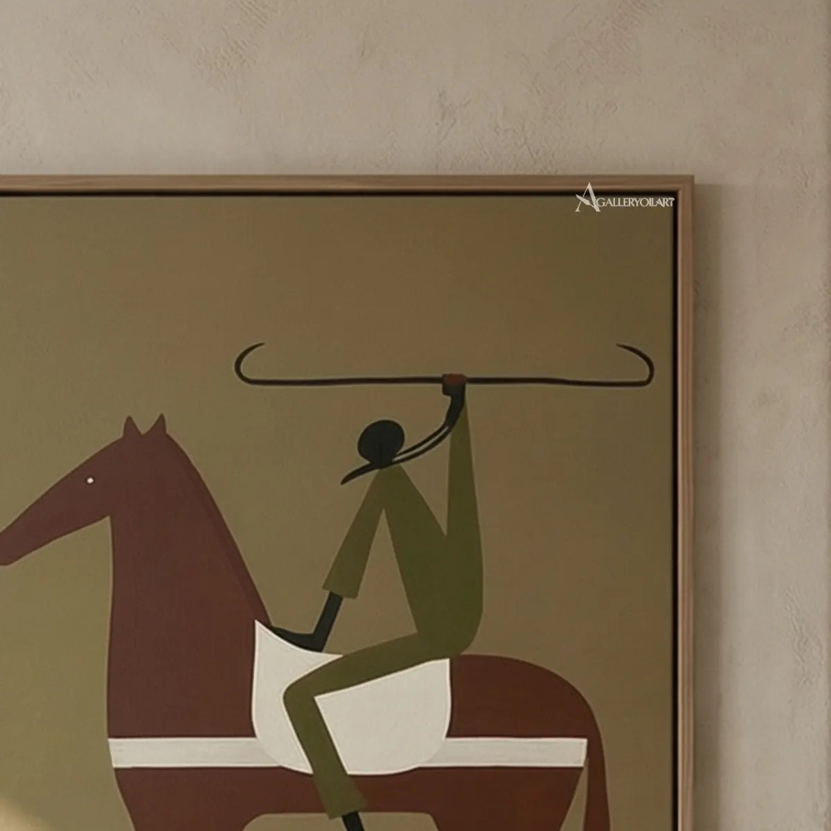western-cowboy-art-close-up-of-a-rider-in-green-guiding-a-brown-horse-with-a-raised-lasso-against-beige