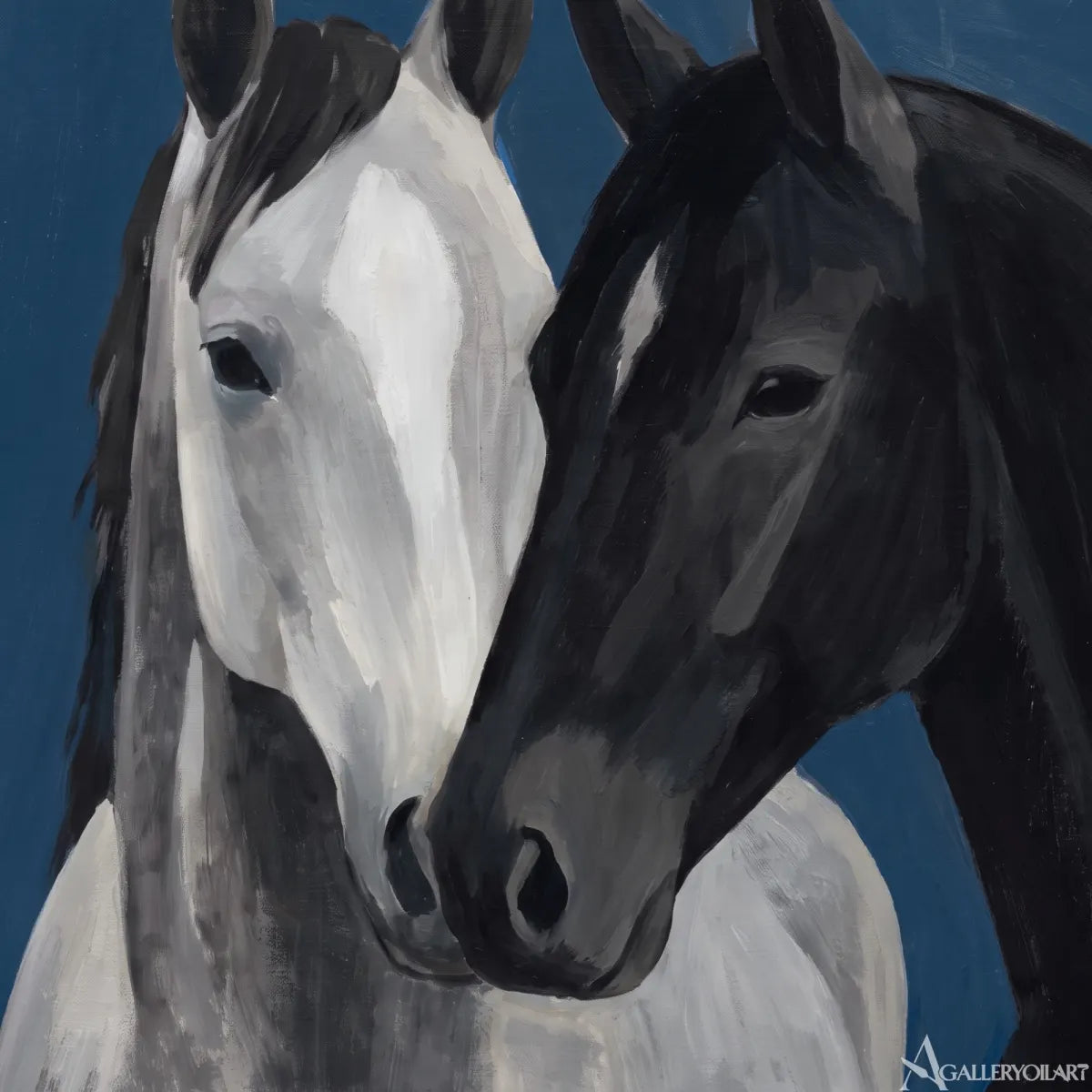 two horses in quiet trust-animal-art-blue-wall-art-in-close-up-detail